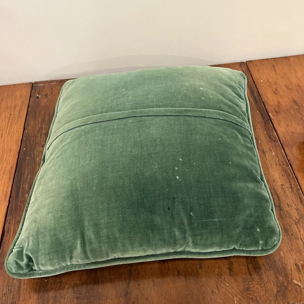 Handmade Needlepoint Square Pillow Fruit Green Background Velvet Zipper Back 14